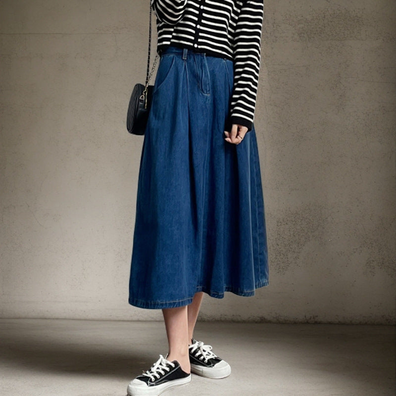 Woman Long Jean Skirt with Pleats and Side Pockets Lune London