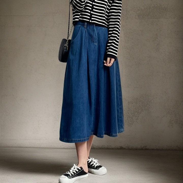 Woman Long Jean Skirt with Pleats and Side Pockets Lune London