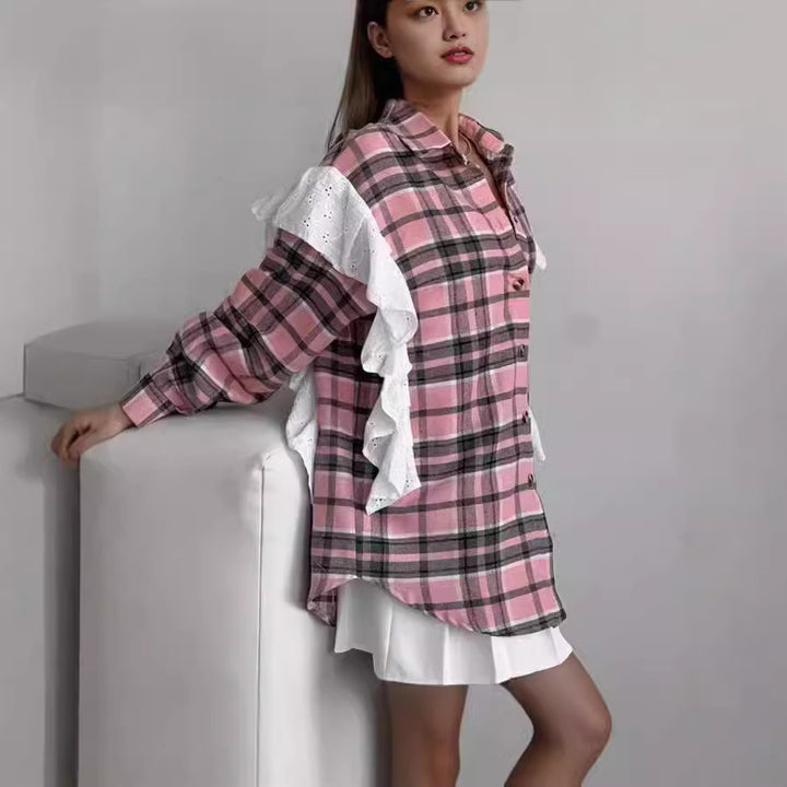 Checkered blouse for women with ruffle details Lune London