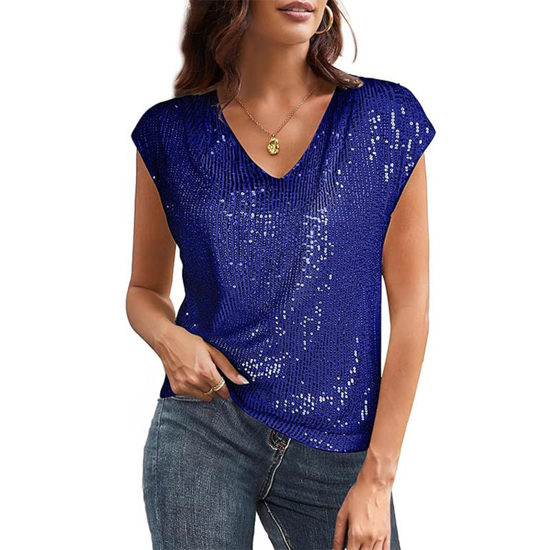 Women Sparkling V-Neck Top with Sequins Lune London