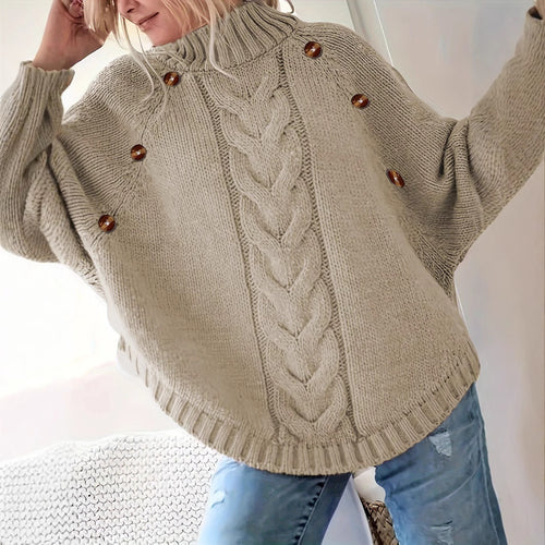 Thick knitted sweater for women with a modern braid design and practical buttons Lune London