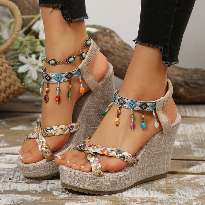 Wedge heel sandals for women with a colorful geometric pattern and elegant straps Lune London