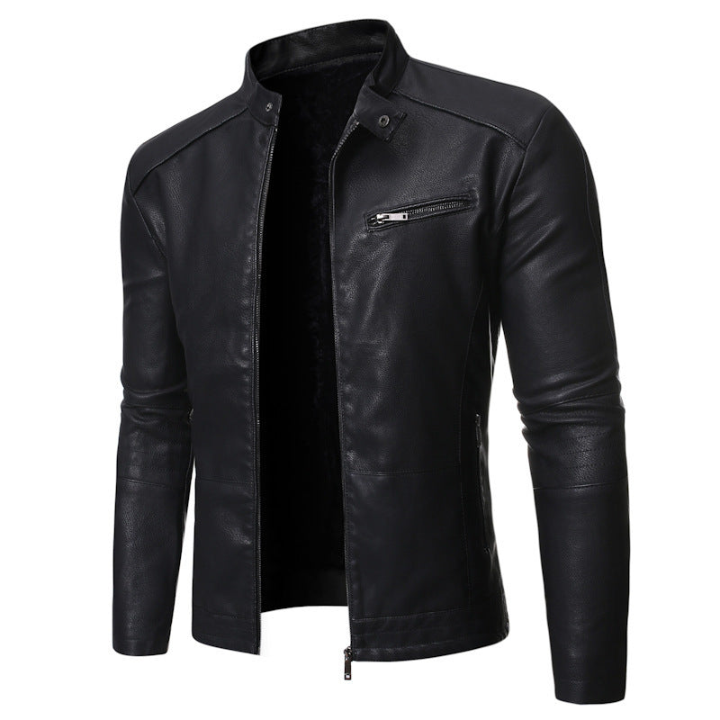 Men's leather motorcycle jacket with asymmetrical zipper and quilted sleeves Lune London