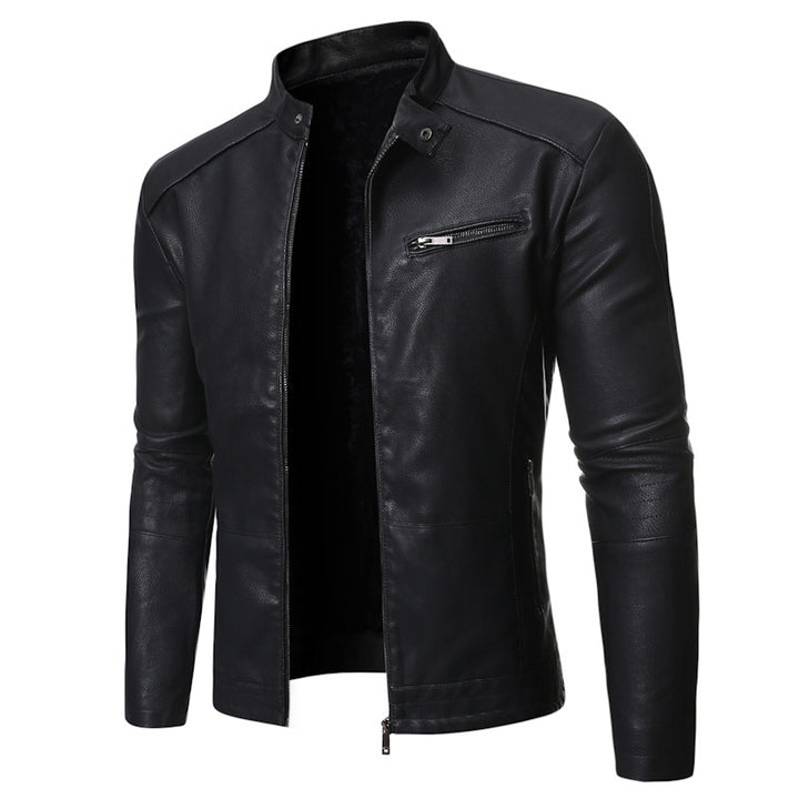 Men's leather motorcycle jacket with asymmetrical zipper and quilted sleeves Lune London