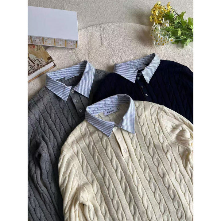 Knitted sweater for women with decorative braided pattern and high collar Lune London