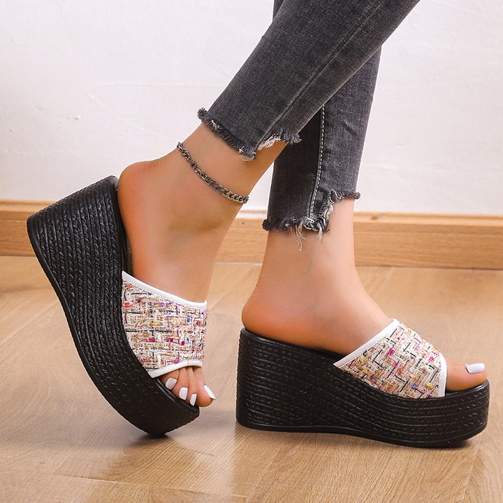 Wedge-heeled slippers for women with modern textile accents and non-slip platform sole Lune London