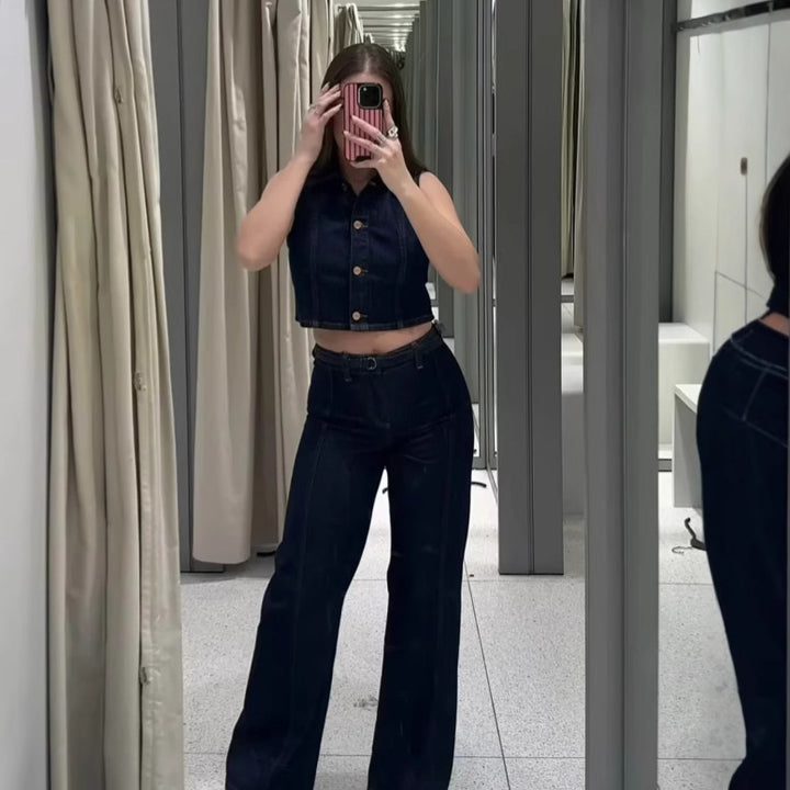 Wide leg women's jeans with tie belt and chic elegant silhouette Lune London