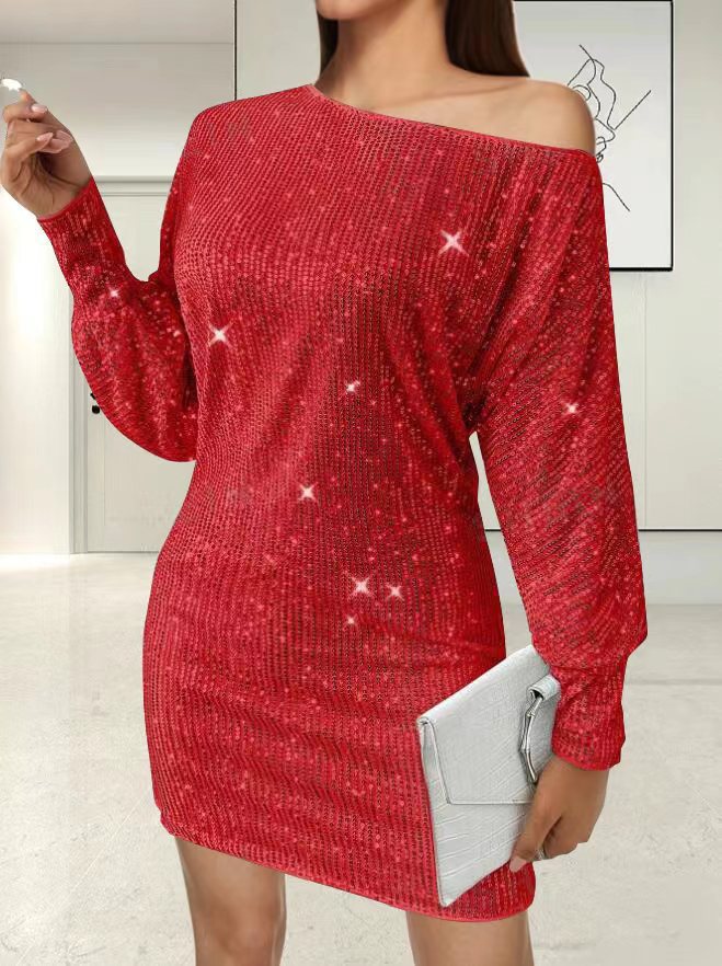 Glamorous mini dress for women with asymmetric sleeve design and sparkling effects Lune London