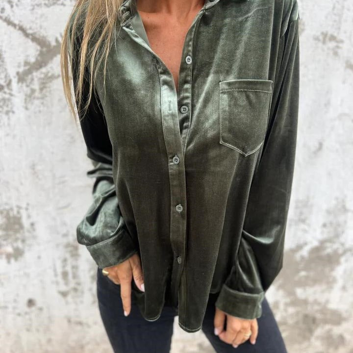Elegant satin blouse for women with classic collar and chest pocket Lune London