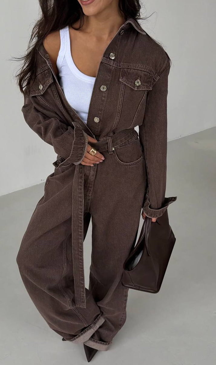 Robe en jean à manches longues pour femmes avec une coupe cintrée et une ceinture amovible Chic & Stil