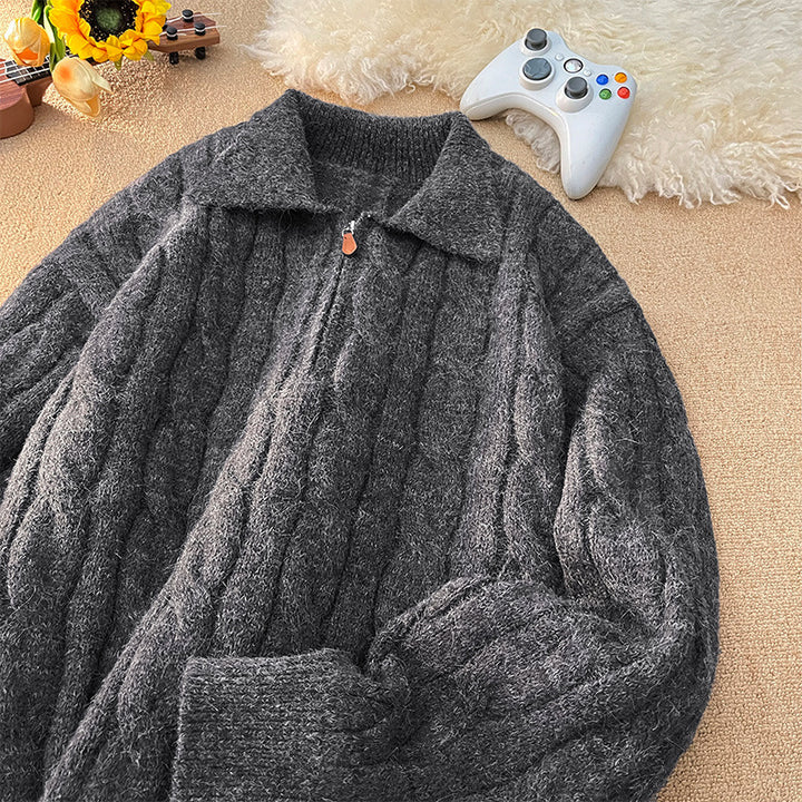 Ladies High Quality Knit Sweater with Short Zipper and Classic Collar Lune London