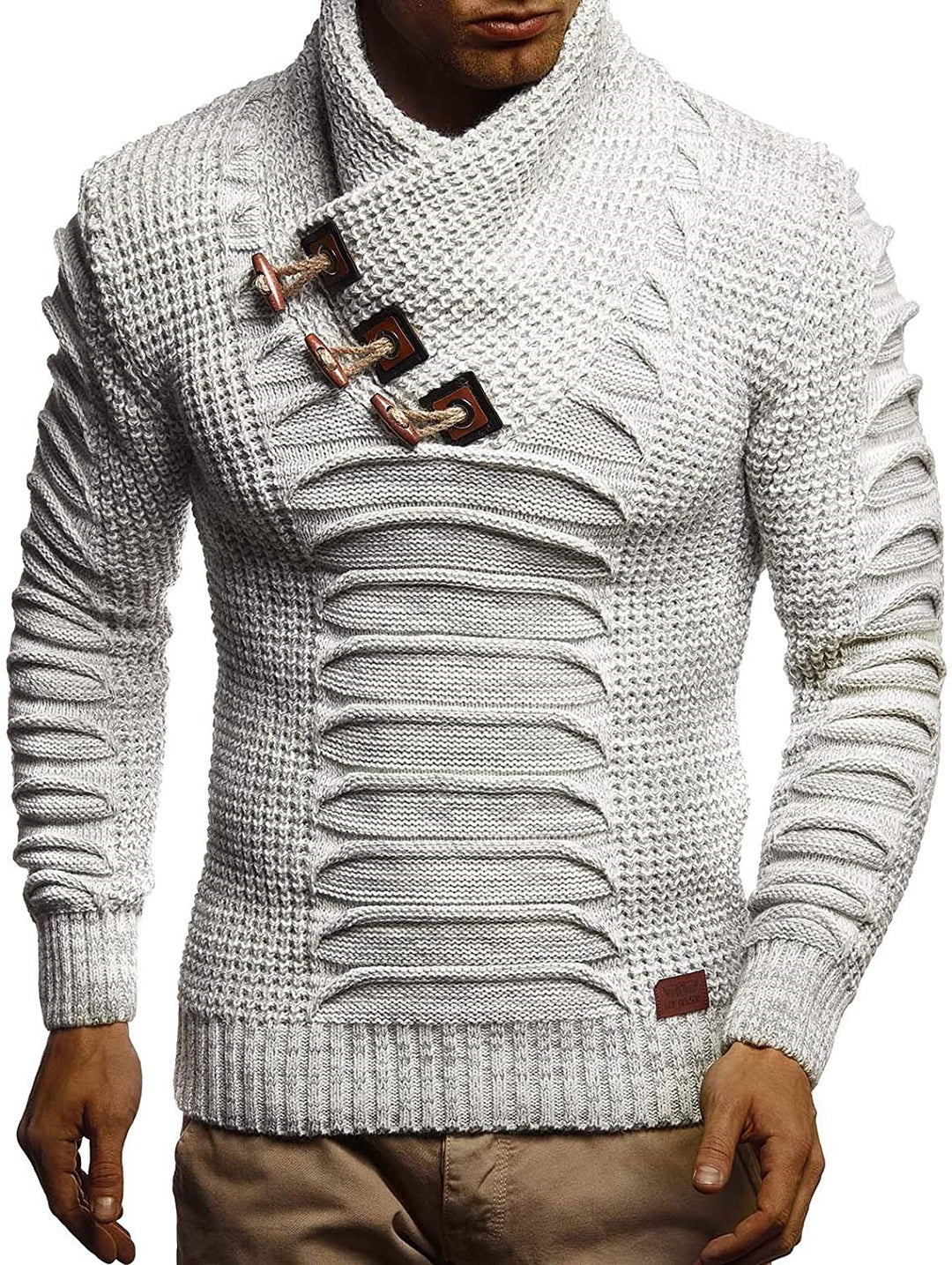 Chunky knit sweater for men with innovative shawl collar and rustic chic design