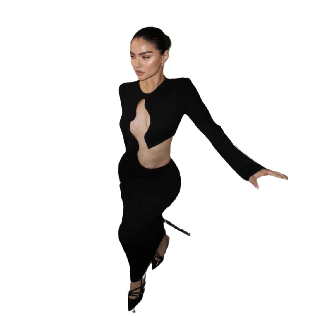 Women's maxi dress with sophisticated cut-out and matching long sleeve design
