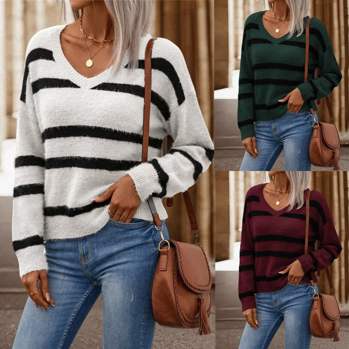 Women's sweater with V-neck, wide stripes and soft material Lune London