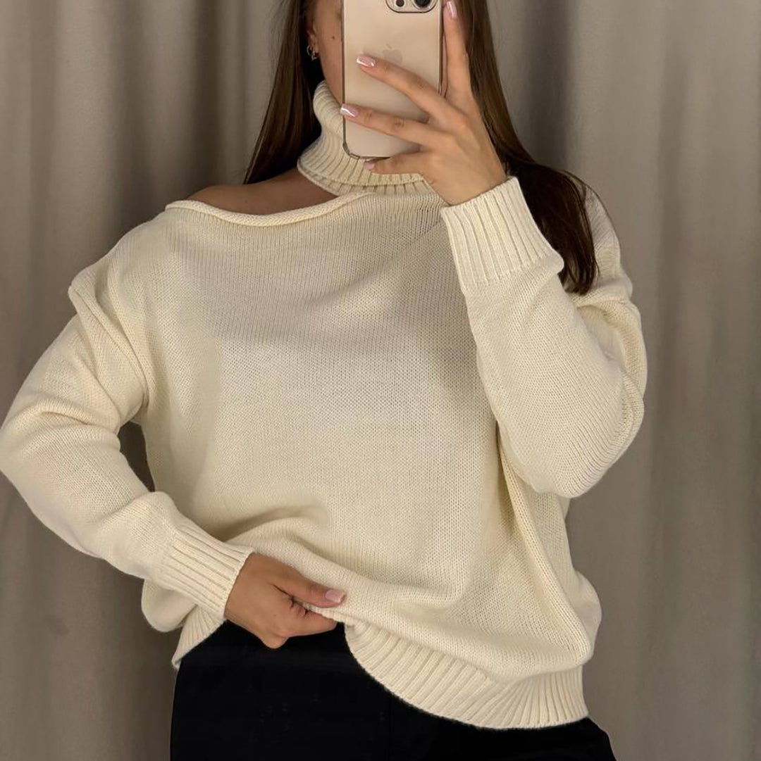Oversized sweater for women with asymmetrical neckline and high collar Lune London