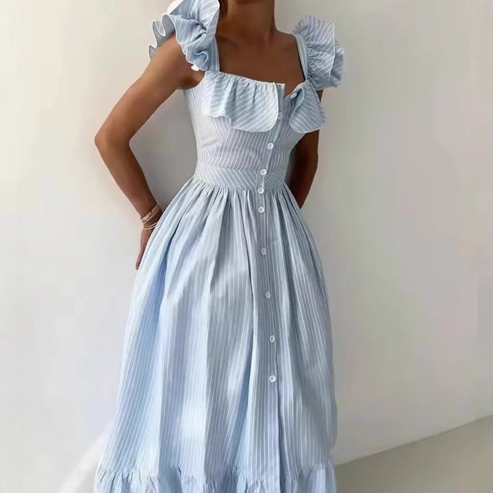 Maxi dress for women with voluminous ruffle design and button closure Lune London