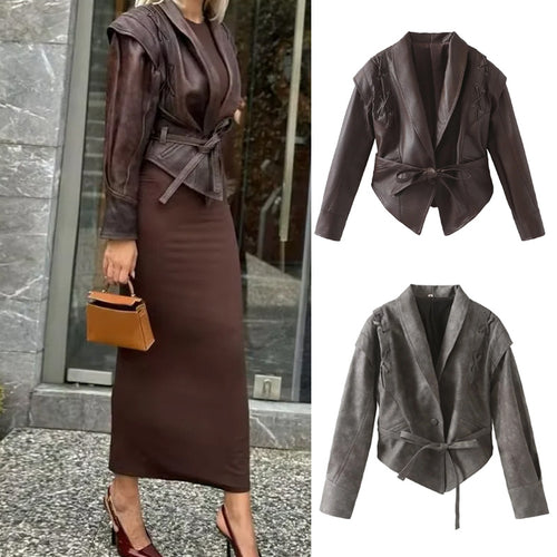 Women's faux leather blazer with modern design and practical belt Lune London