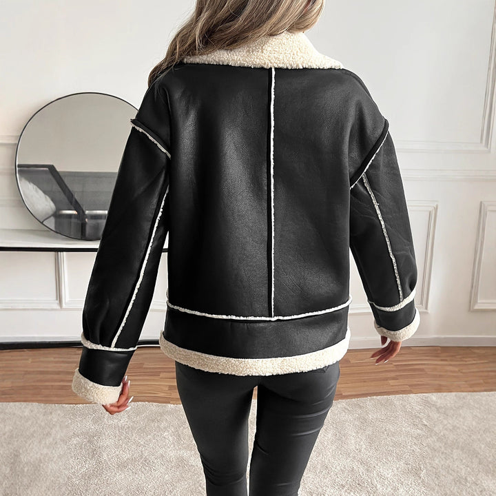 Stylish faux leather jacket for women with sheepskin collar Lune London