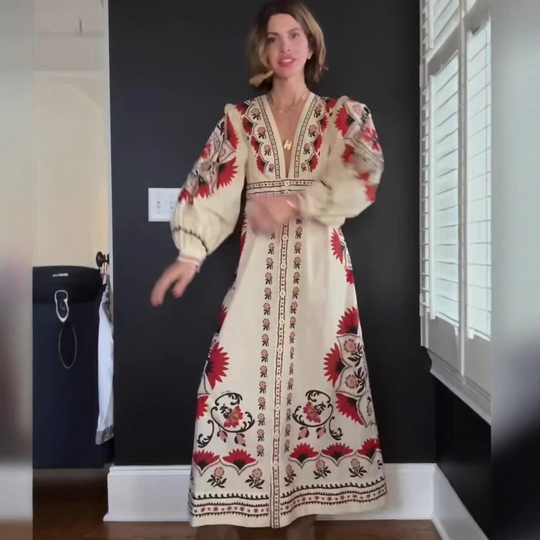 Maxi dress for women with floral embroidery and elegant V-neck Lune London