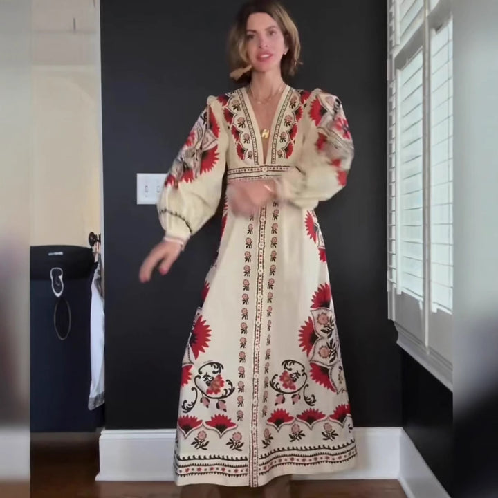 Maxi dress for women with floral embroidery and elegant V-neck Lune London