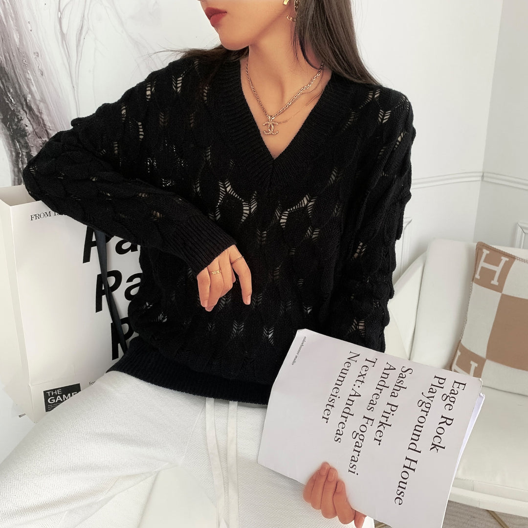 Ladies lightweight knit V-neck sweater with transparent hole pattern Lune London