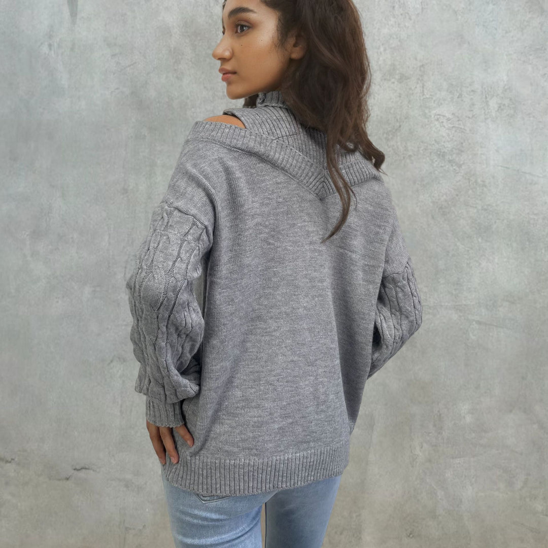 Women off-shoulder knit sweater with cable pattern and high collar Lune London