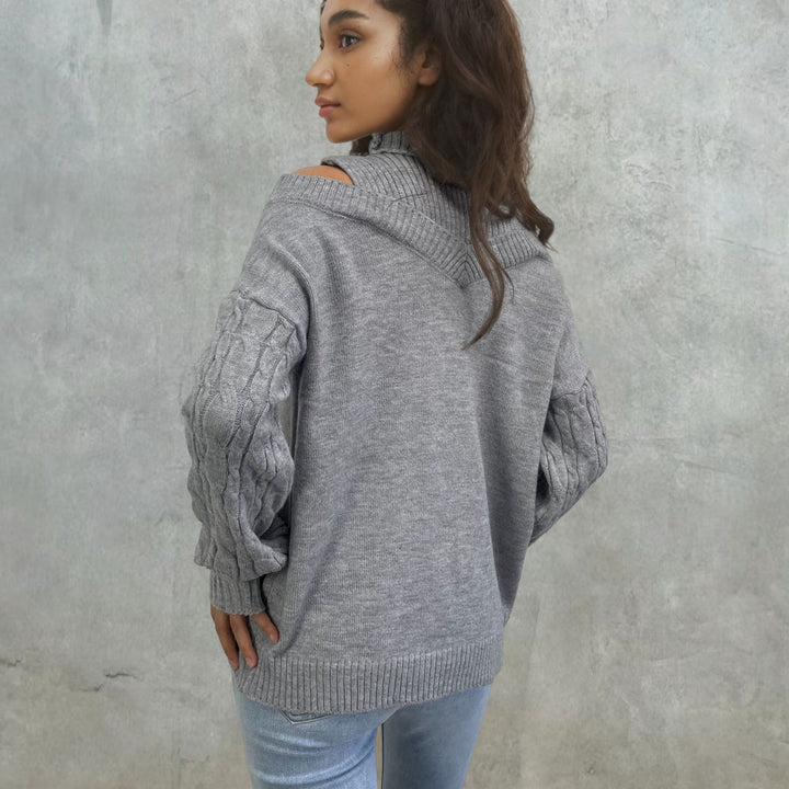 Women off-shoulder knit sweater with cable pattern and high collar Lune London