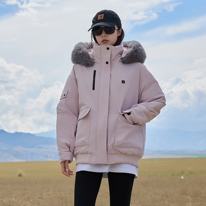 Ladies insulated puffer coat with removable faux fur collar and large front pockets Lune London