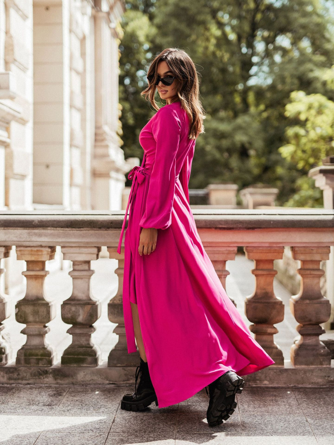Women Long Sleeve Maxi Dress with Waist Belt and Elegant Ruffle Details Lune London