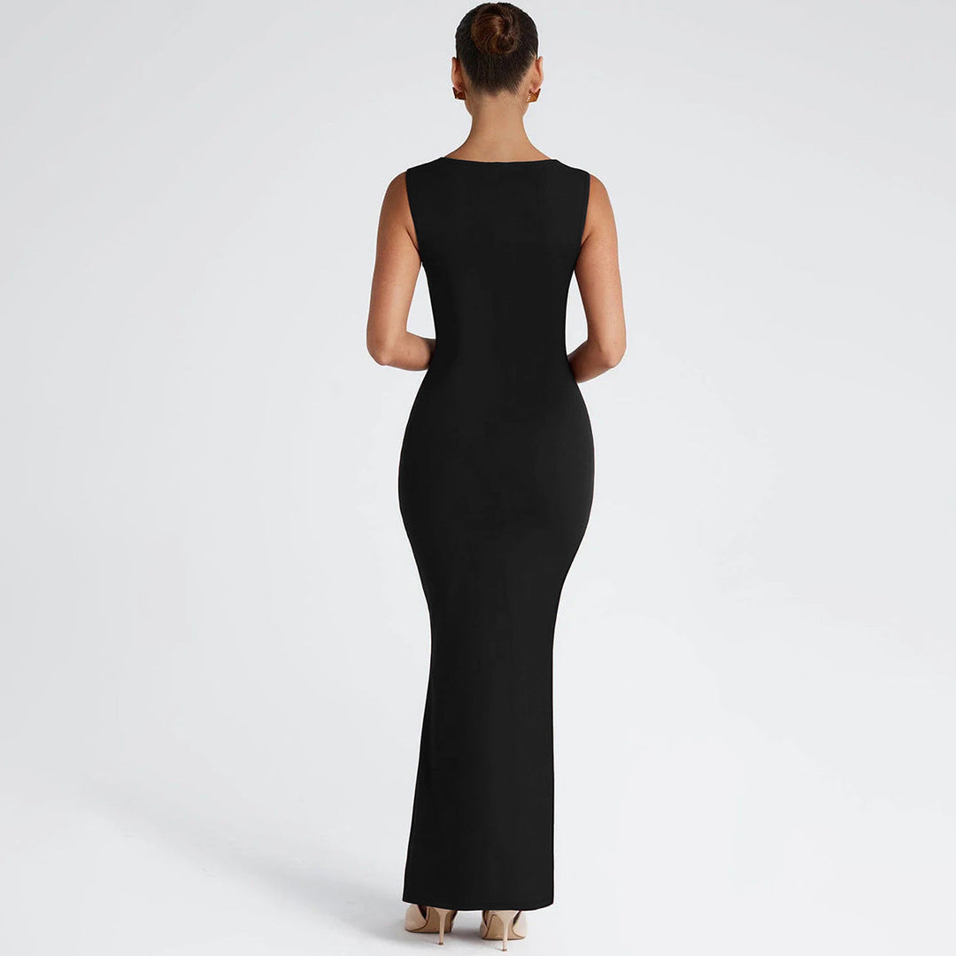 Women's Figure-hugging Evening Dress with Square Neckline and Elegant Draping Lune London