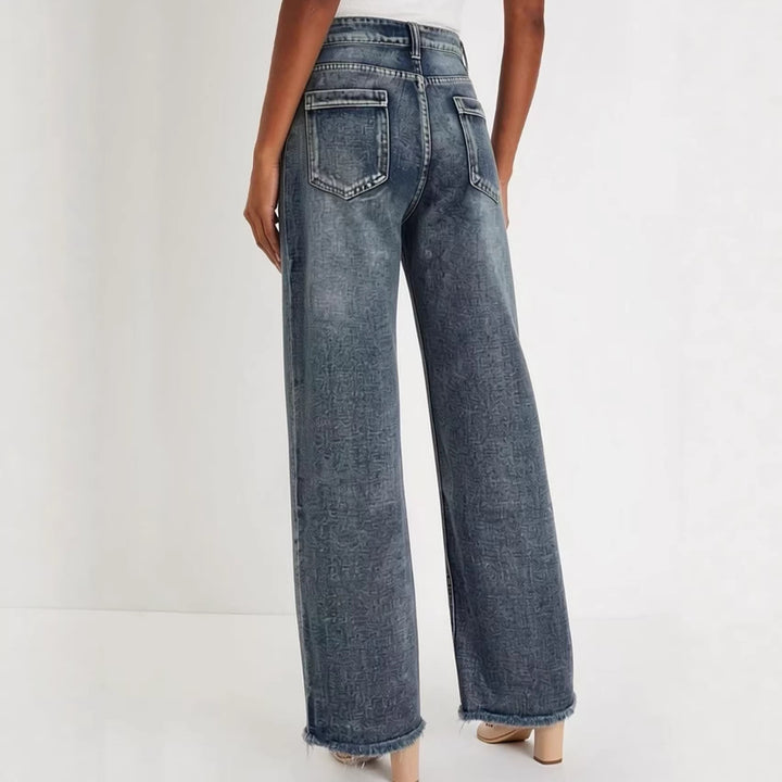 Women wide denim jeans with creative pattern and frayed hem Lune London