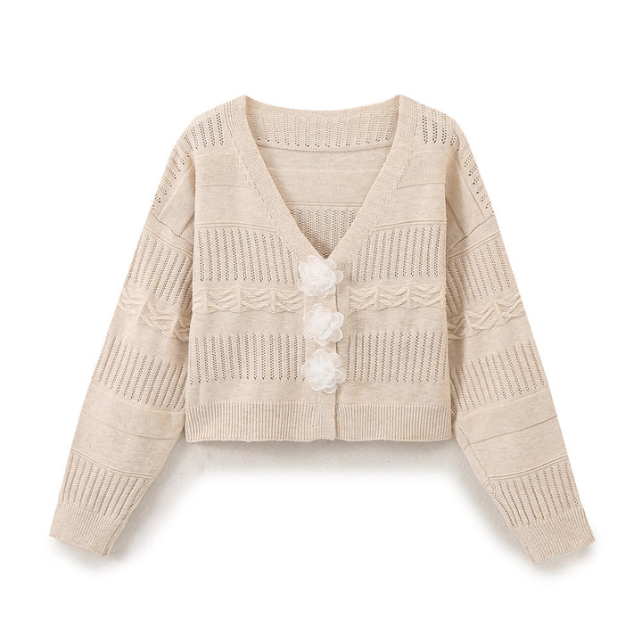Ladies fashion sweater with romantic floral buttons and casual cut Lune London