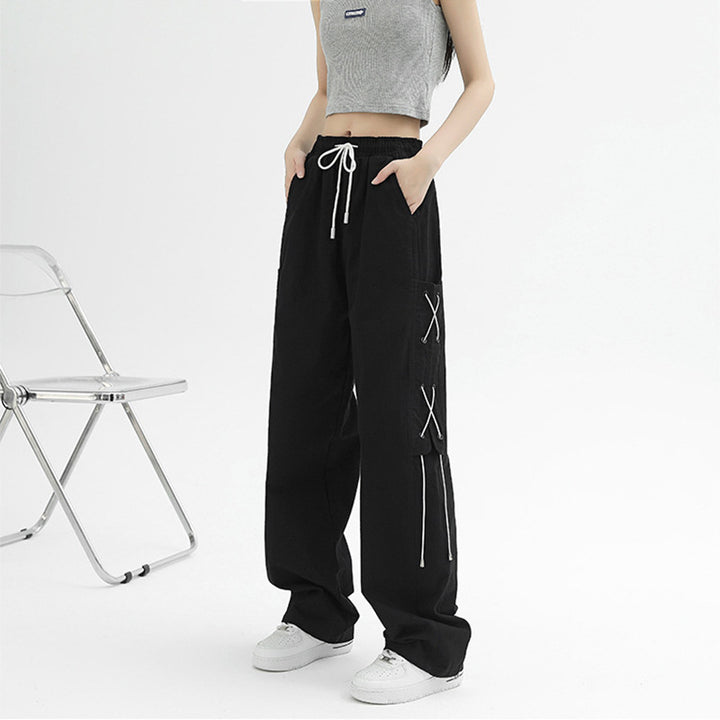 Women's Wide Cut Cargo Pants with Decorative Lacing