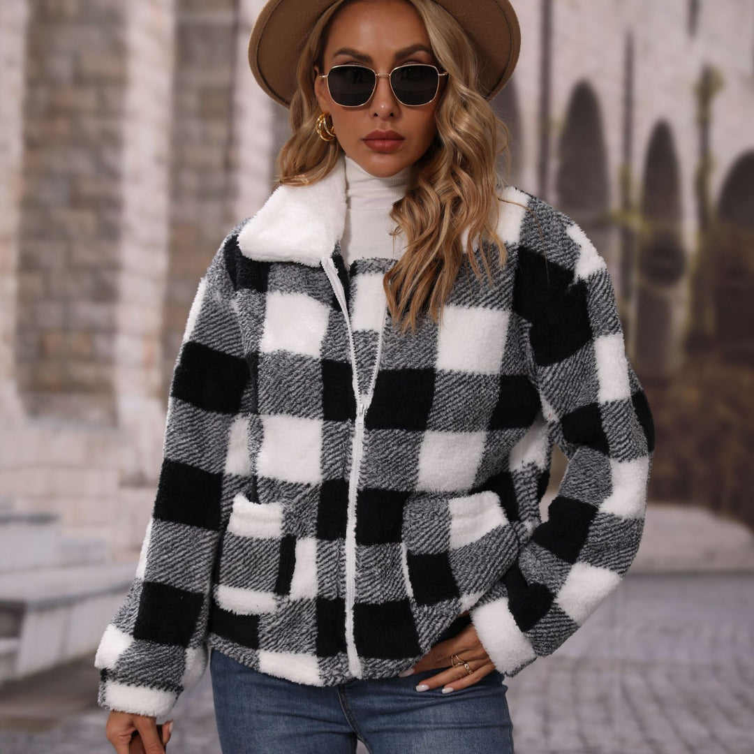 Ladies Cozy Plaid Jacket with Asymmetric Zipper Lune London
