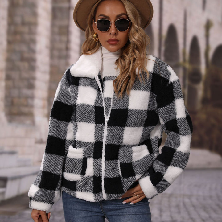 Ladies Cozy Plaid Jacket with Asymmetric Zipper Lune London