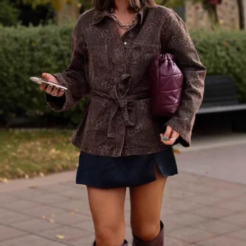 Shirt jacket for women in leopard print with waist belt Lune London
