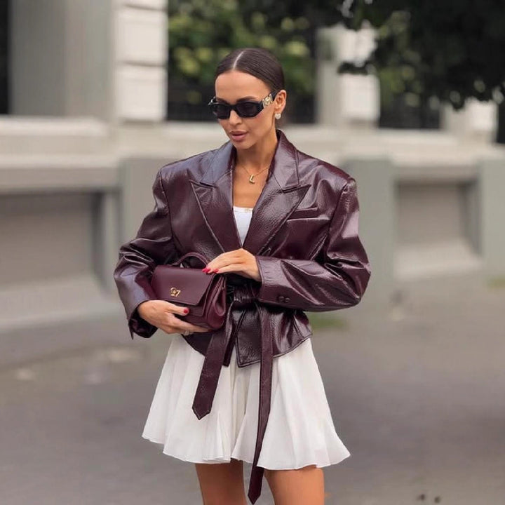 Faux leather blazer for women with adjustable belt Lune London