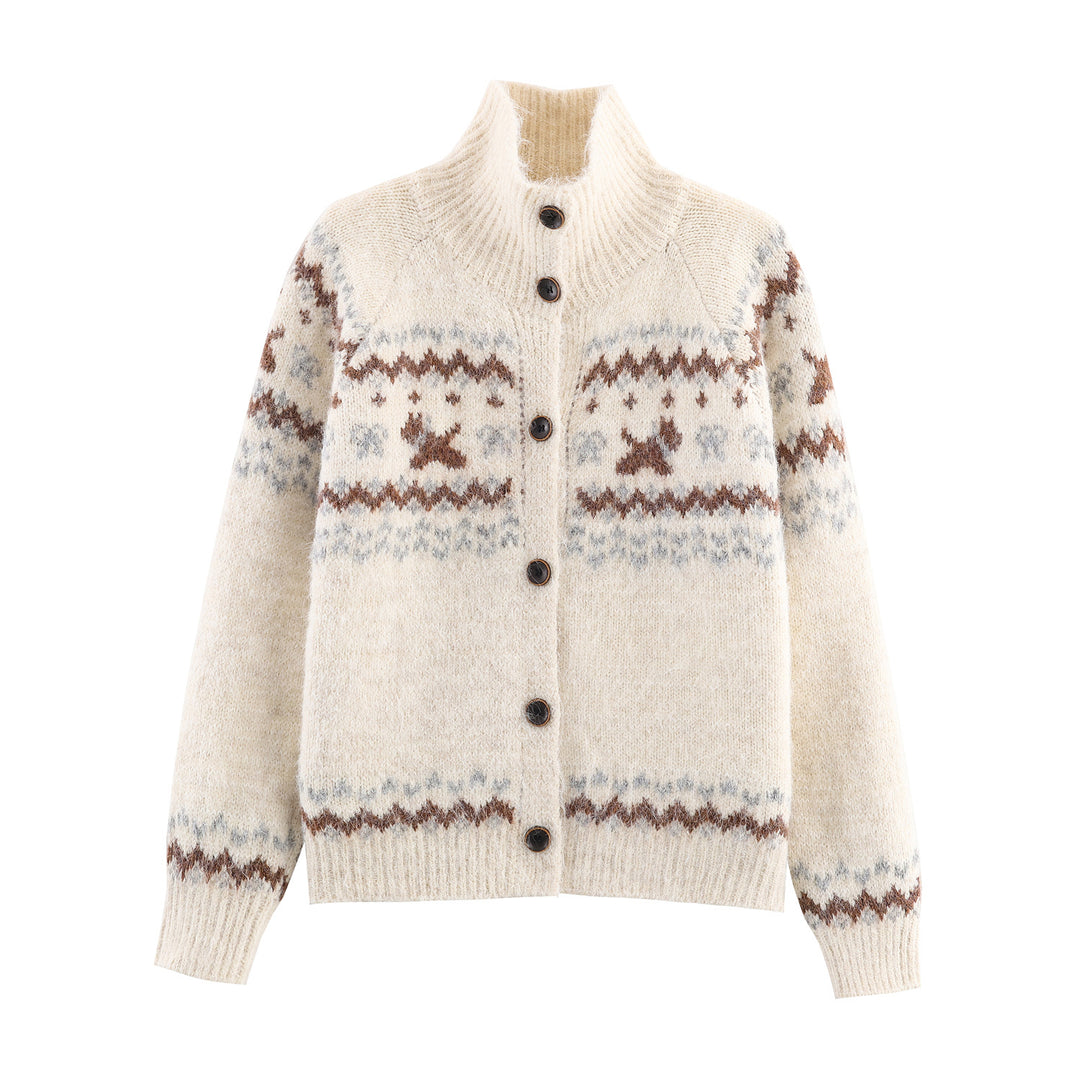 Knitted jacket for women with a classic Norwegian design and an elegant high collar Lune London