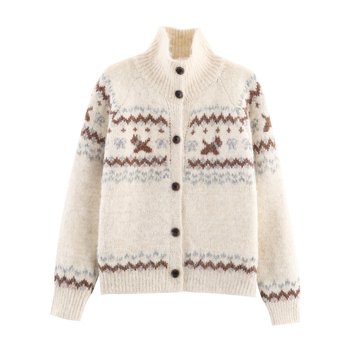Knitted jacket for women with a classic Norwegian design and an elegant high collar Lune London