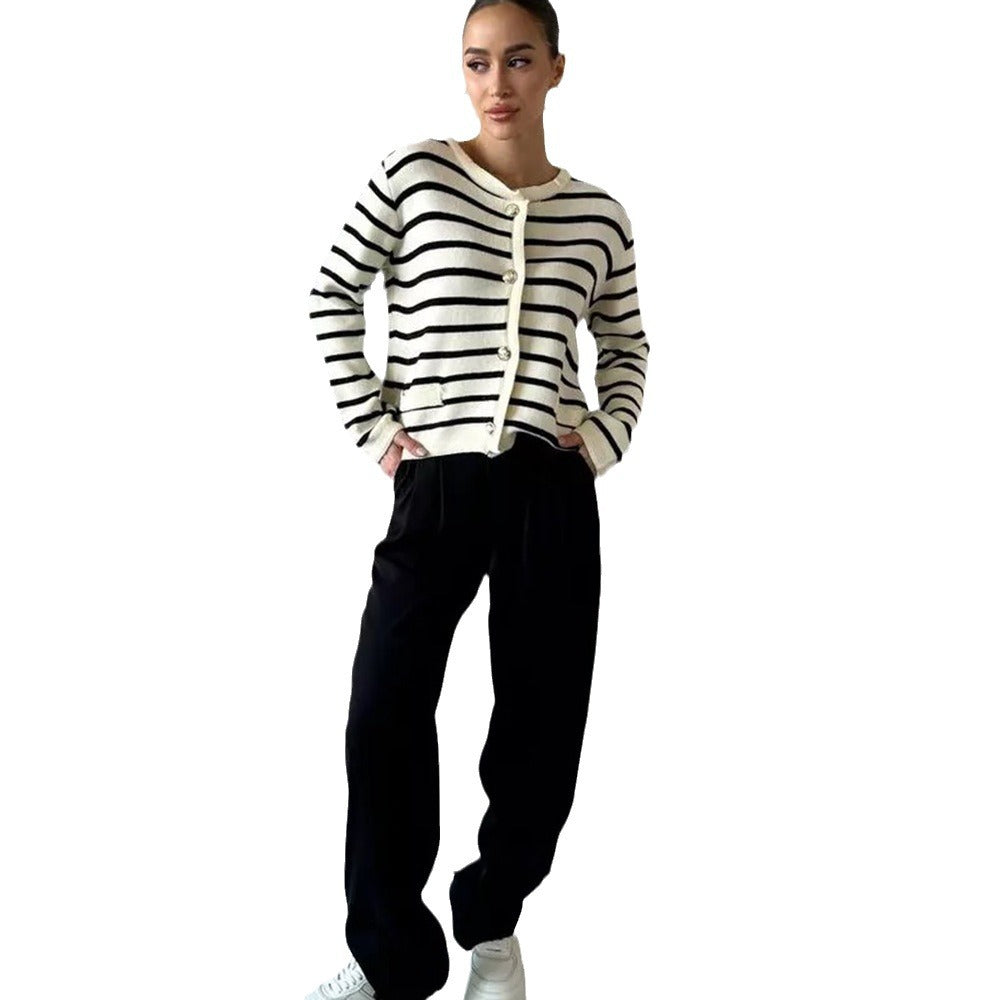 Fashionable striped women's cardigan with button details and soft material Lune London