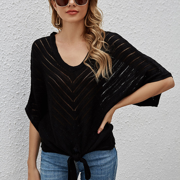 Ladies airy knit top with deep V-neck and asymmetrical hem Lune London