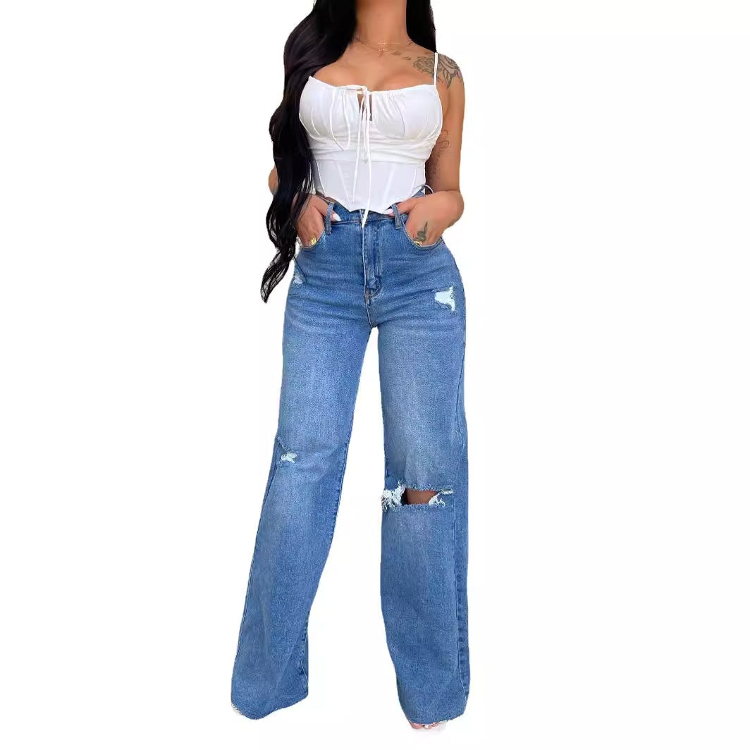 High-waisted wide jeans for women with distressed effects Lune London