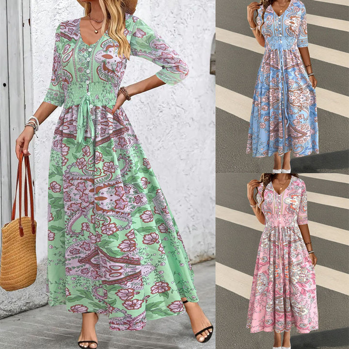 Maxi dress for ladies with paisley floral pattern and flattering V-neck Lune London