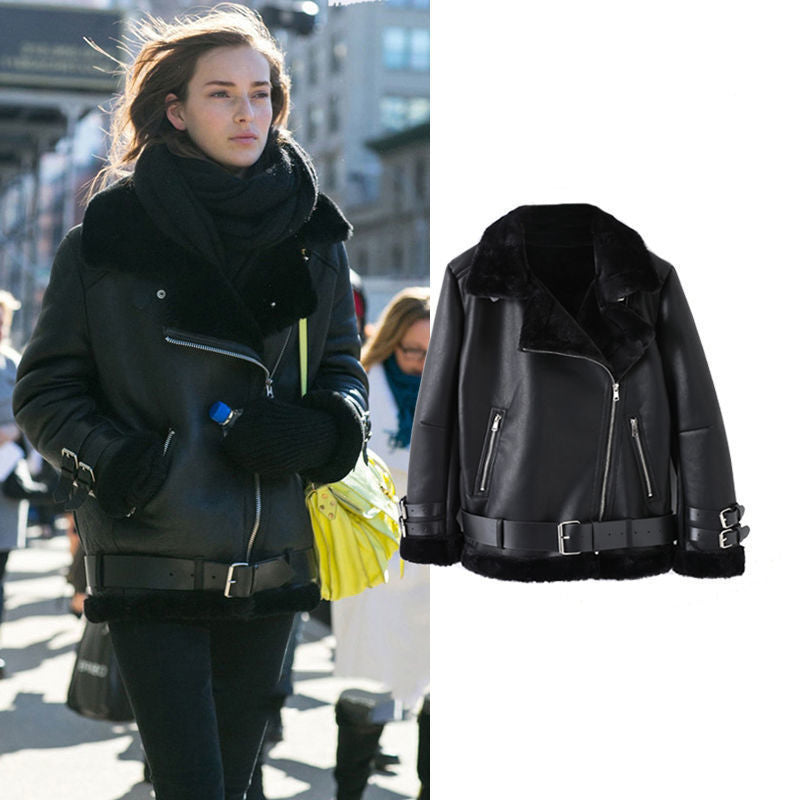 Faux leather jacket for women with removable faux fur collar and adjustable belt Lune London