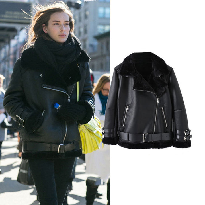 Faux leather jacket for women with removable faux fur collar and adjustable belt Lune London
