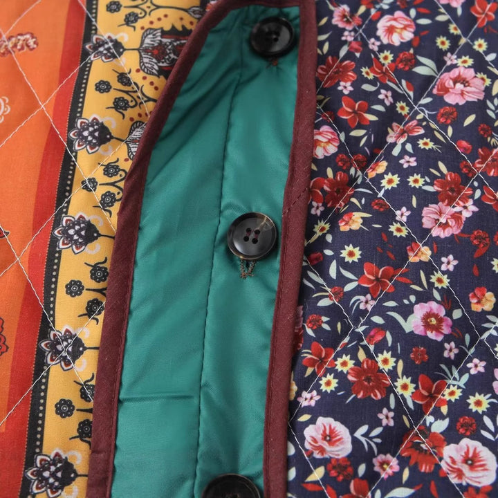 Lady quilted patchwork jacket with practical pockets and colorful pattern Lune London