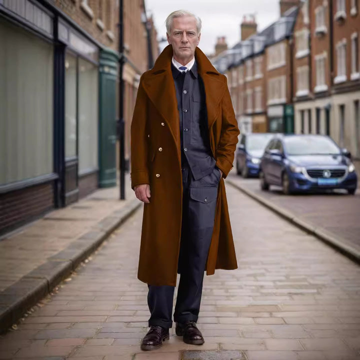 Elegant long coat for men with high-quality finish and double-breasted Lune London