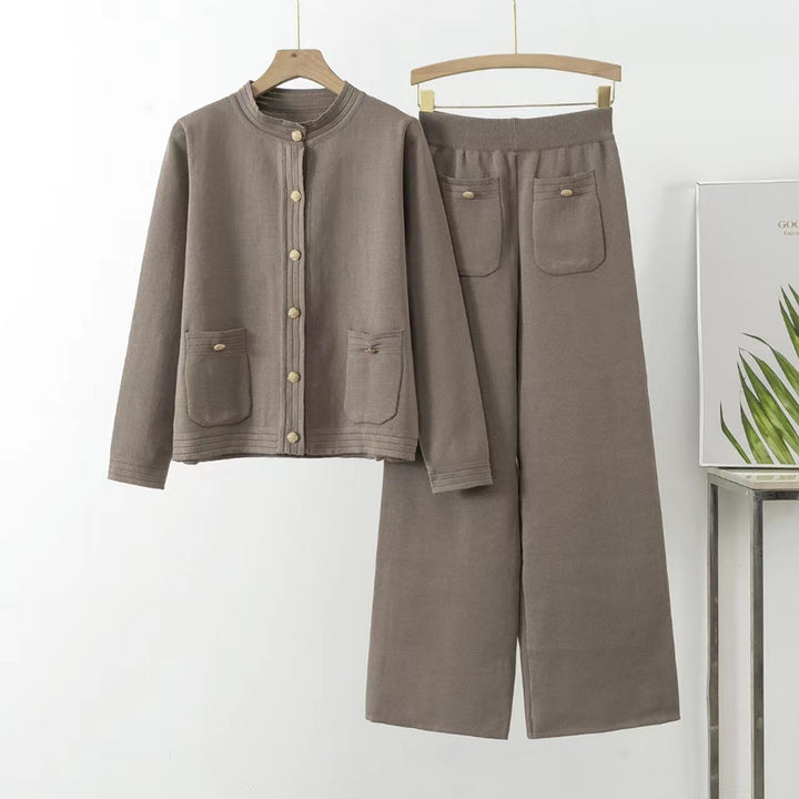 Comfortable knitted loungewear set for women with button details and patch pockets Lune London