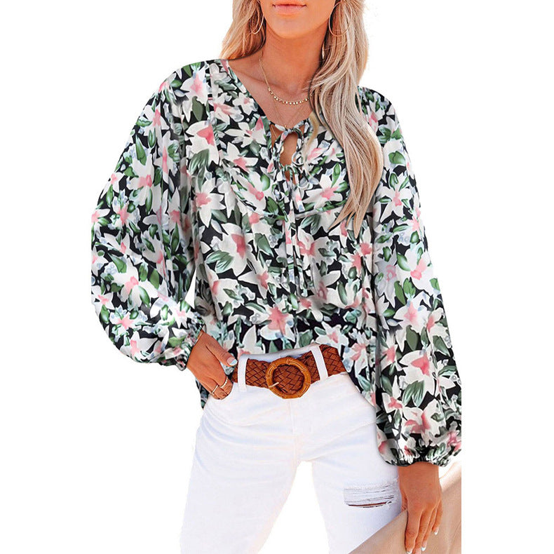 Chic and Stylish Casual Women’s Blouse with Floral Print and Ruffled Sleeves