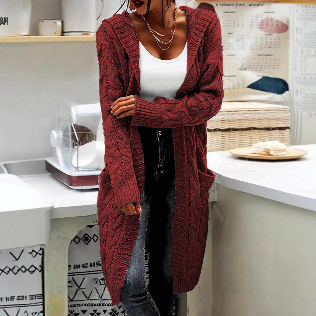 Chunky knit jacket for women with high-quality raised patterns and practical pockets Lune London